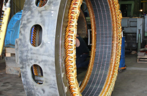 Detail view of new stacked stator core and corm coil connections