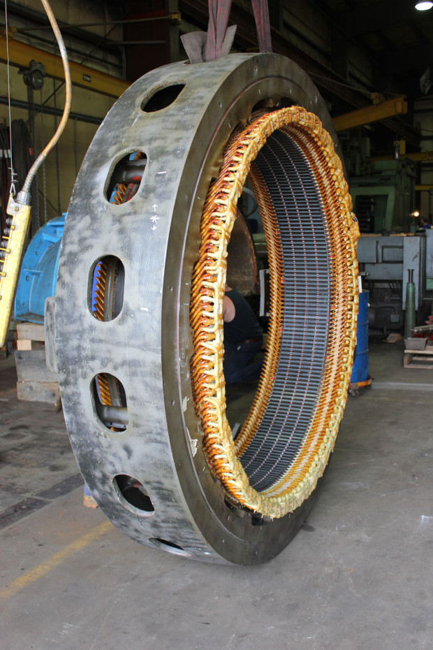 Detail view of new stacked stator core and corm coil connections